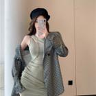 All-over Print Double-breasted Blazer / Sleeveless Irregular Mini Bodycon Dress