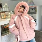 Contrast Trim Furry Hood Parka Pink - One Size