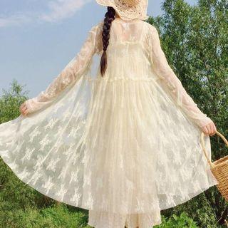 Open Front Lace Jacket / Wide-strap Frill Trim A-line Dress