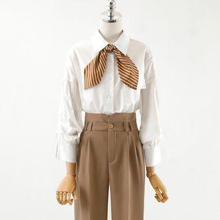 Tie-neck Shirt / Argyle Print Sweater Best / Straight Leg Pants / Striped Scarf / Set