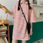 Elbow-sleeve Striped Collared T-shirt As Shown In Figure - One Size