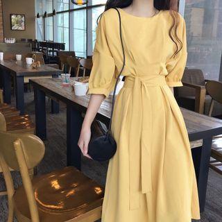 Puff-sleeve Tie-waist A-line Midi Dress