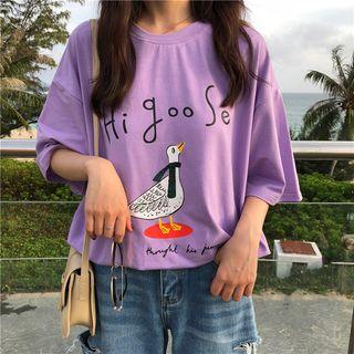 Elbow-sleeve Duck Print T-shirt