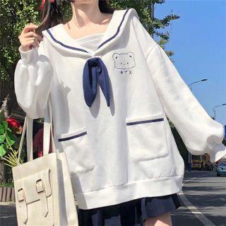 Bear Embroidered Sailor Collar Sweatshirt