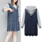 Lace Panel Mock Two-piece Hoodie Dress