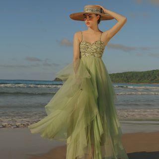 Spaghetti-strap Layered Mesh A-line Dress