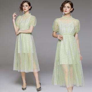Set: Puff-sleeve Dotted Mesh Midi A-line Dress + Floral Slipdress