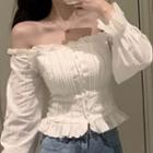 Long-sleeve Ruffled Off-shoulder Top White - One Size