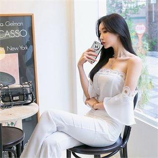 Laced-edge Flutter-sleeve Off-shoulder Top
