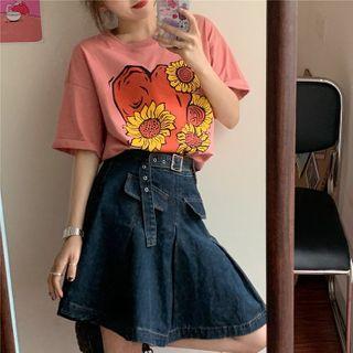 Set: Loose-fit Short Sleeve Printed T-shirt + High-waist Skirt With Belt