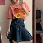 Set: Loose-fit Short Sleeve Printed T-shirt + High-waist Skirt With Belt