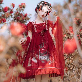 Short-sleeve Ruffled A-line Dress / Cape / Set