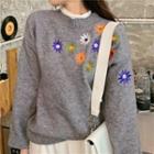 Round Neck Embroidered Sweater Gray - One Size