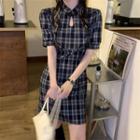 Short-sleeve Plaid Mini Sheath Qipao Dress