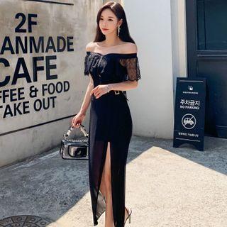 Set: Short-sleeve Lace Panel Off-shoulder Top + Midi Skirt