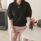 Faux-pearl Puff-sleeve Knit Top