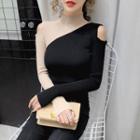 High-neck Long-sleeve Off-shoulder Color Block Knit Top