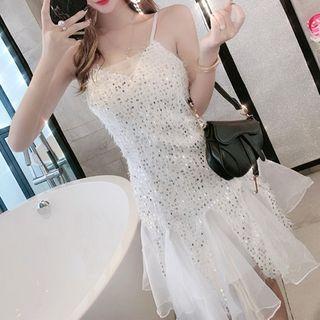 Sequined Mesh Panel Spaghetti Strap A-line Dress