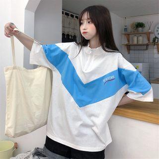 Contrast Color Half-zip Elbow-sleeve Lettering T-shirt