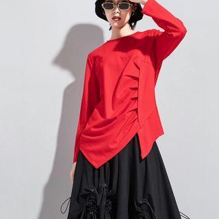Long-sleeve Asymmetrical Pleated T-shirt