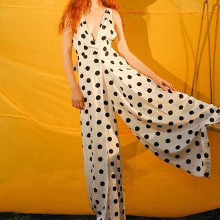Sleeveless V-neck Dotted Wide-leg Jumpsuit