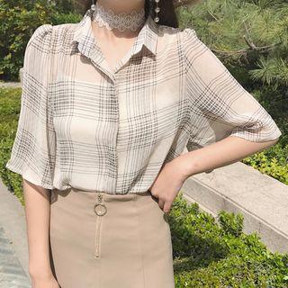 Check Elbow-sleeve Chiffon Shirt