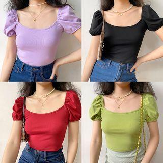 Plain Puff-sleeve Cropped T-shirt