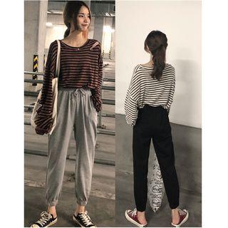 Drawstring Sweatpants / Distressed Striped Long-sleeve T-shirt