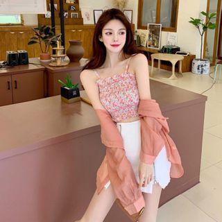 Plain Long-sleeve Shirt / Floral Sleeveless Top