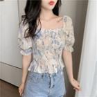 Square-neck Puff-sleeve Floral Chiffon Top