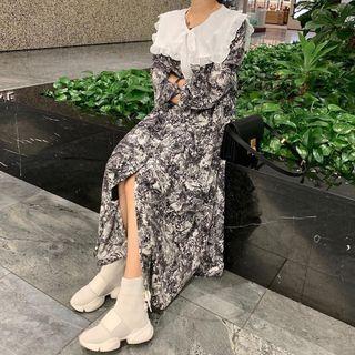 Long-sleeve Lace Trim Print Midi Dress