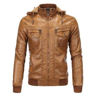 Fleece Lined Hooded Faux Leather Jacket