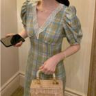 Short-sleeve Plaid Lace Trim Midi Dress