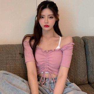 Off-shoulder Plain Drawstring Top / Plain Cropped Camisole Top