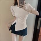Short-sleeve Faux Pearl Trim Irregular Top