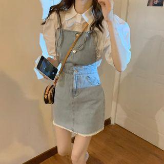 Denim Jumper Dress / Elbow-sleeve Shirt