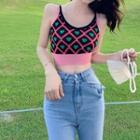 Heart Print Knit Cropped Camisole Top Black & Pink - One Size