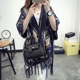 Fringe Hem Pattered Knit Poncho