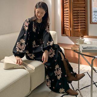 Balloon-sleeve Floral Maxi Shirtdress