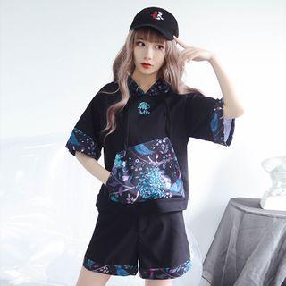 Printed Panel Elbow-sleeve Hooded T-shirt