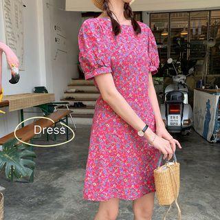 Puff-sleeve Floral A-line Mini Dress As Shown In Figure - One Size