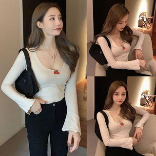 Cherry Detail Flared-sleeve T-shirt Milky White - One Size
