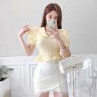 Puff-sleeve Frill-hem Cropped Blouse
