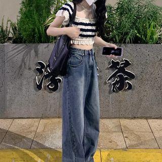 Short-sleeve Striped Top / Wide Leg Jeans / Set