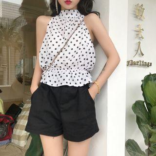 Sleeveless Mock Collar Tie Back Polka Dot Top