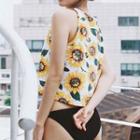 Set: Plain Bikini + Floral Print Sleeveless Top / A-line Skirt