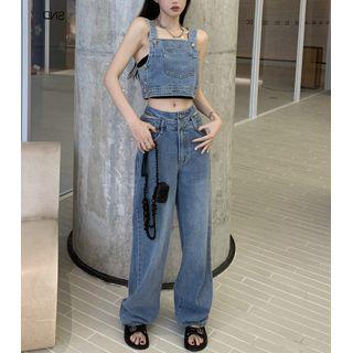 Denim Cropped Sleeveless Top / Mid-rise Loose-fit Jeans