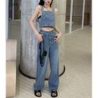 Denim Cropped Sleeveless Top / Mid-rise Loose-fit Jeans