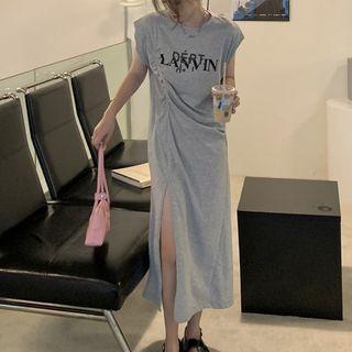Short-sleeve Lettering Shirred T-shirt Dress