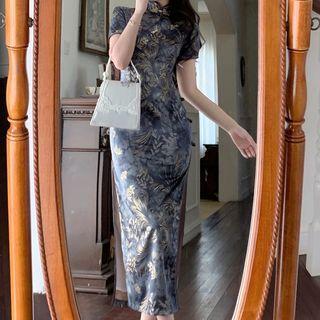 Short-sleeve Floral Print Midi Qipao / Cardigan